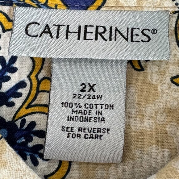 Catherines Button Front Top Size 2X Tan Orange Floral Cotton Roll Tab Sleeve - Picture 4 of 13